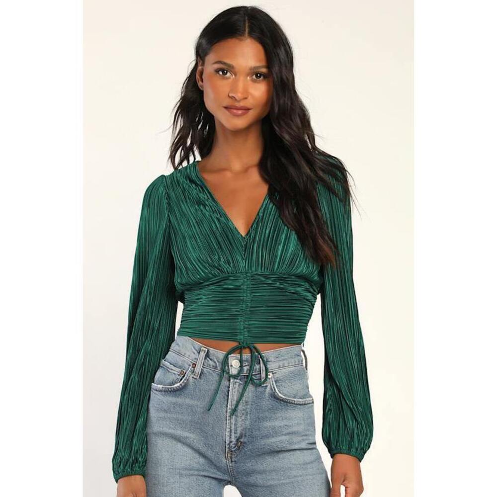 Lulus Gorgeous Glamour Emerald Green Plisse Satin Long Sleeve Top - Size L